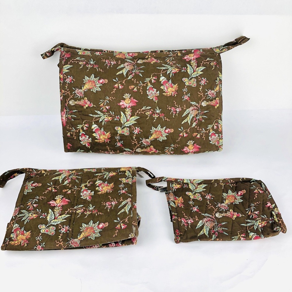 Garnet Hill 3-pc Quilted Toiletry Cosmetic Tote Purse Bag Brown Floral Set